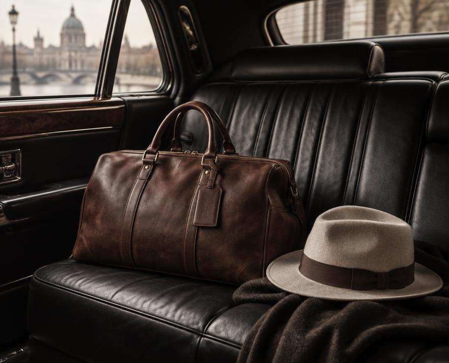 Leather travel bag on arrival